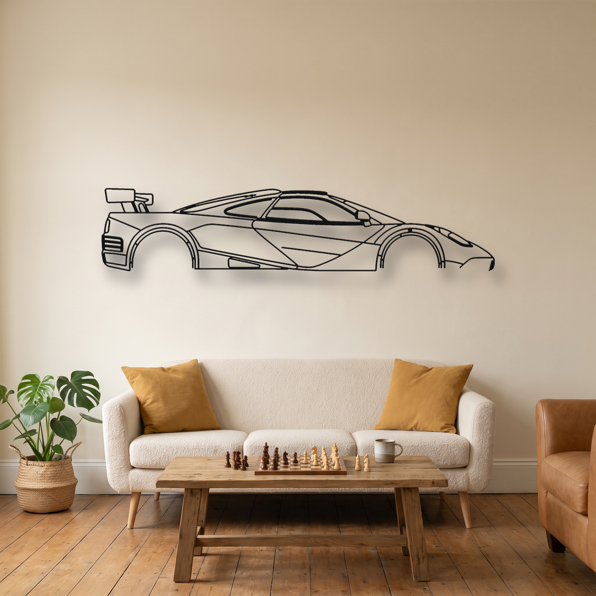 McLaren F1 LM metal wall art silhouette, front view on wall