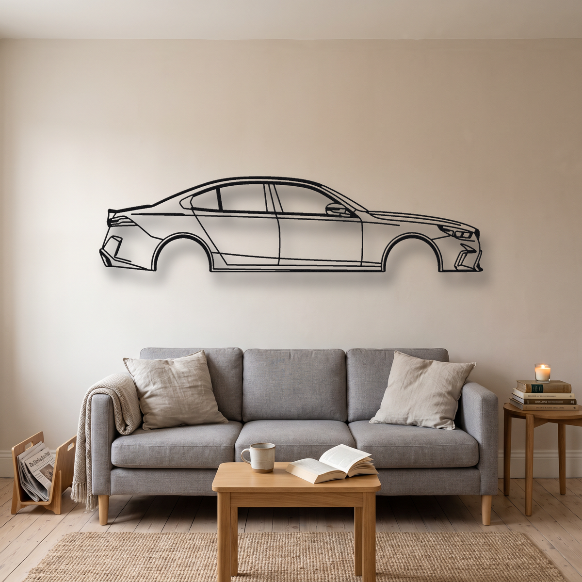 BMW M5 G90 metal wall art silhouette, front view on wall