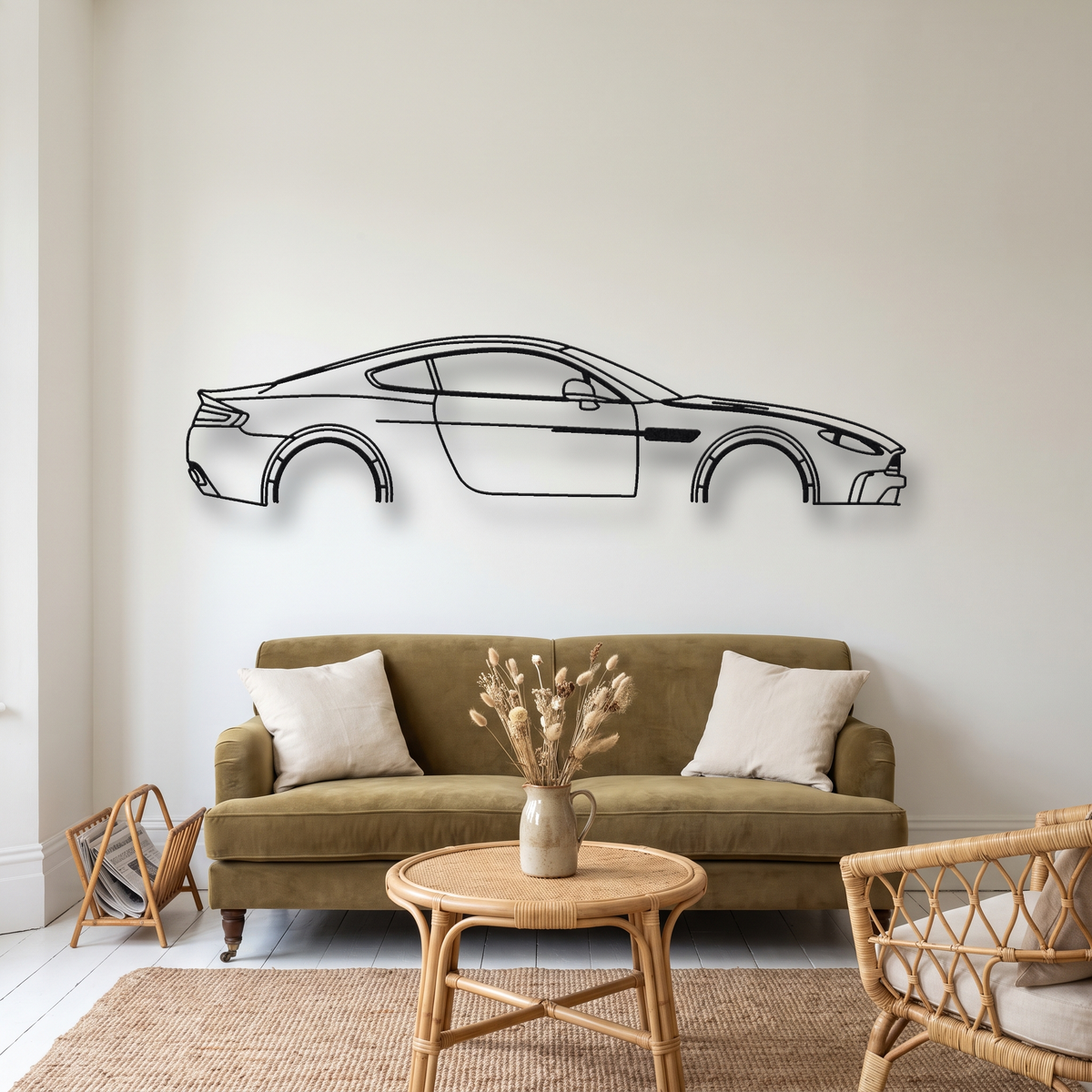 Aston Martin Vantage AM6 metal wall art silhouette, front view on wall