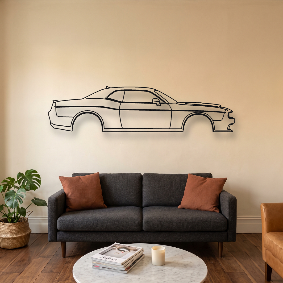 Dodge Challenger SRT Hellcat LA Narrowbody metal wall art silhouette, front view on wall