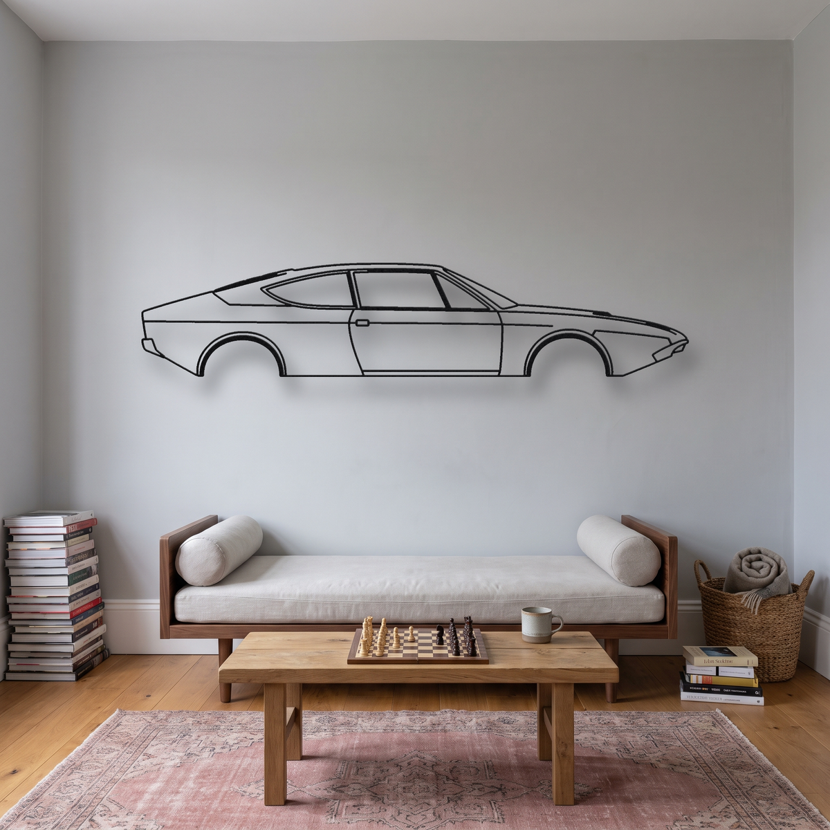 Lamborghini Urraco metal wall art silhouette, front view on wall