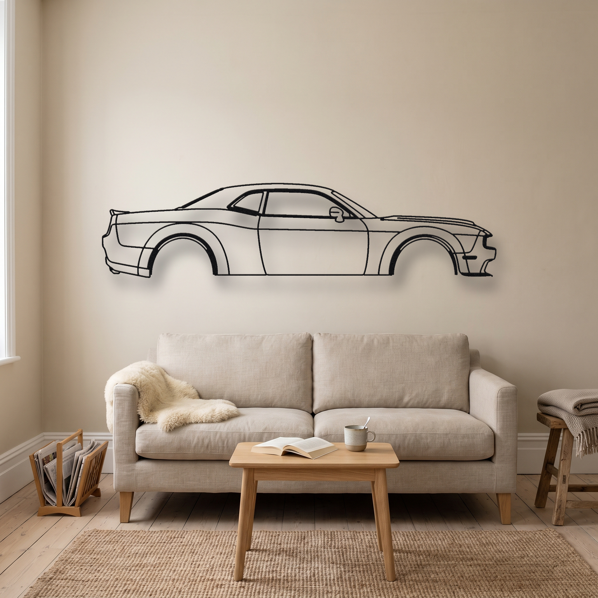 Dodge Challenger SRT Hellcat Redeye Widebody metal wall art silhouette, front view on wall