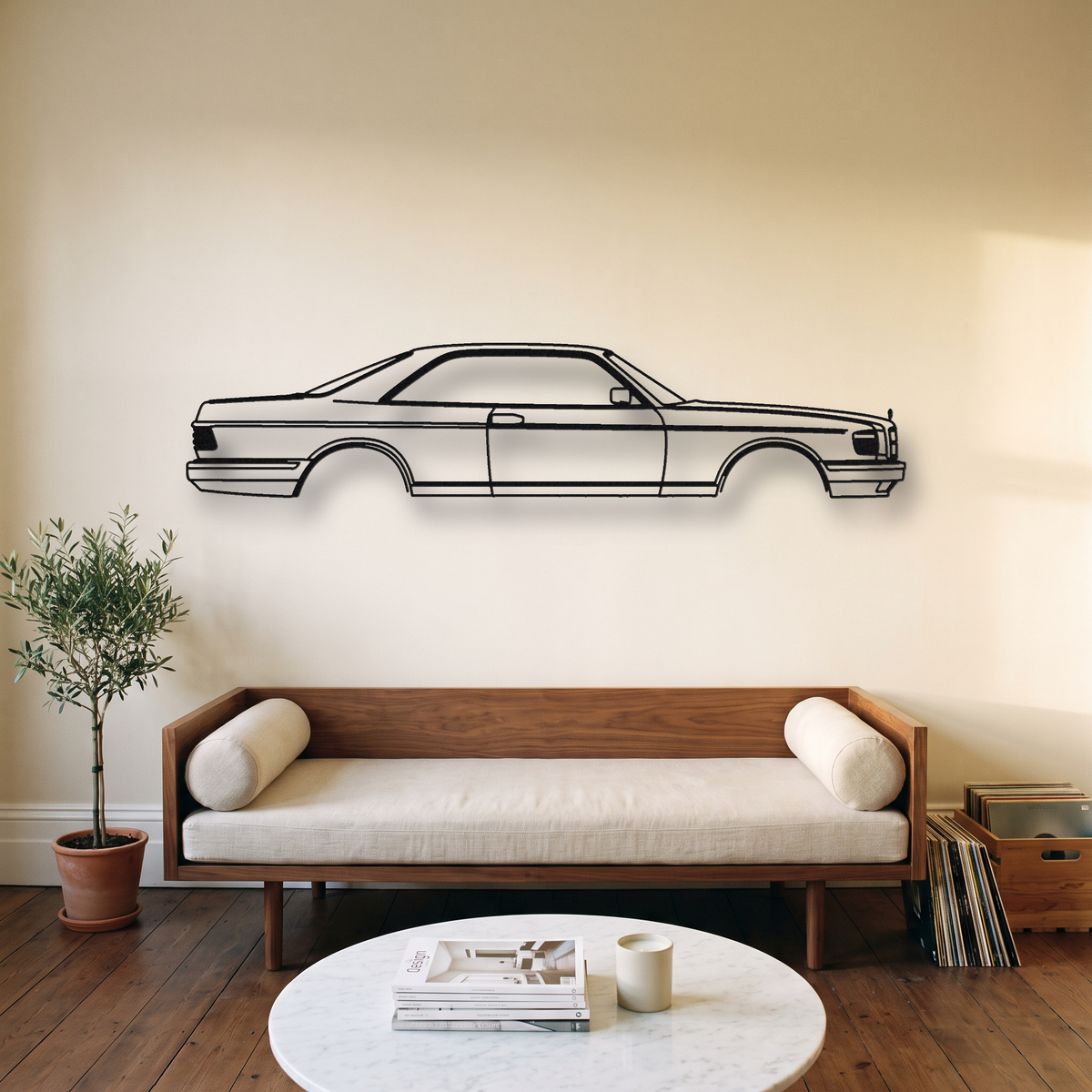 Mercedes-Benz 560 SEC C126 metal wall art silhouette, front view on wall