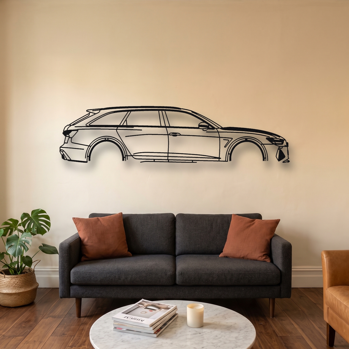 Audi RS6 Avant C8 metal wall art silhouette, front view on wall