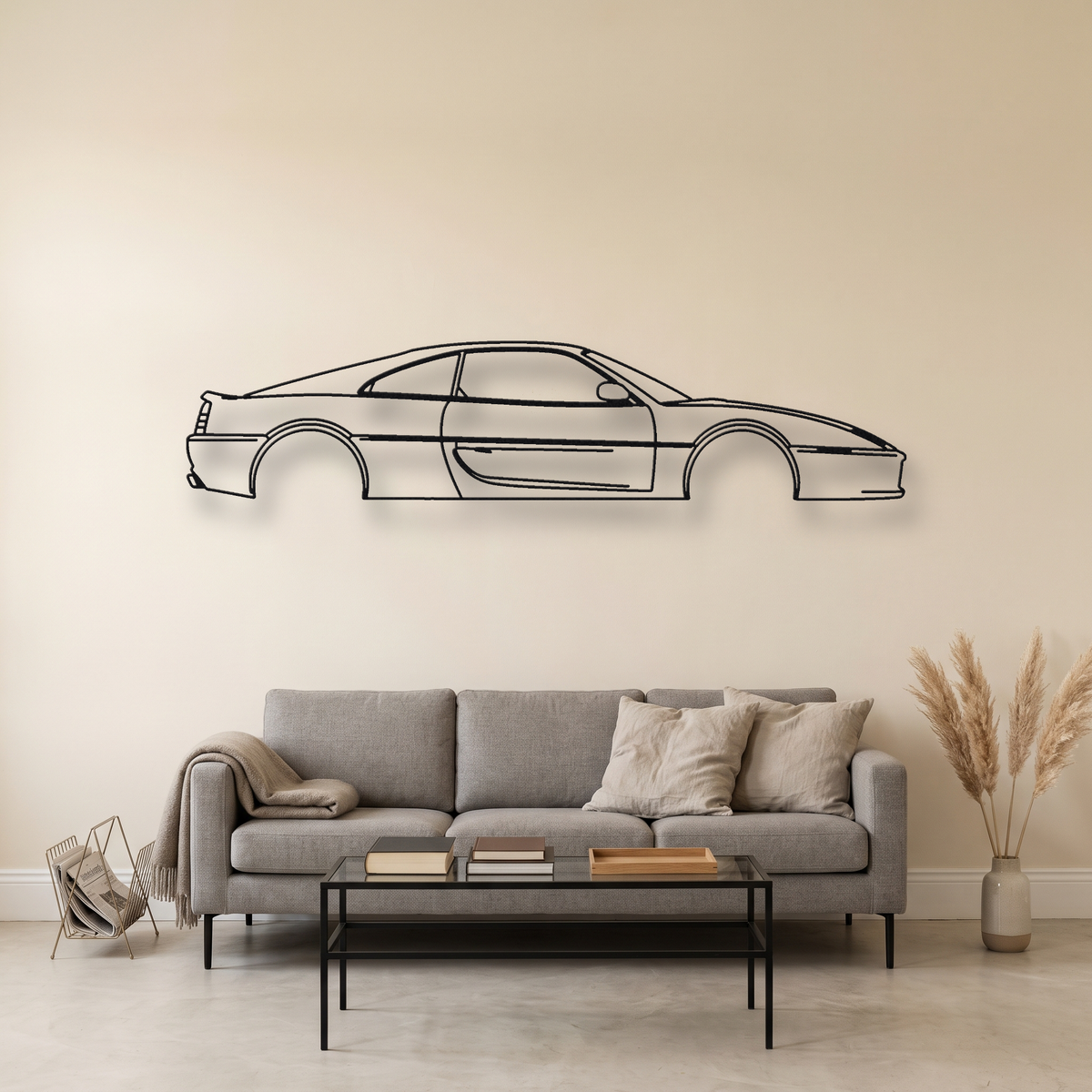 Ferrari F355 Berlinetta metal wall art silhouette, front view on wall
