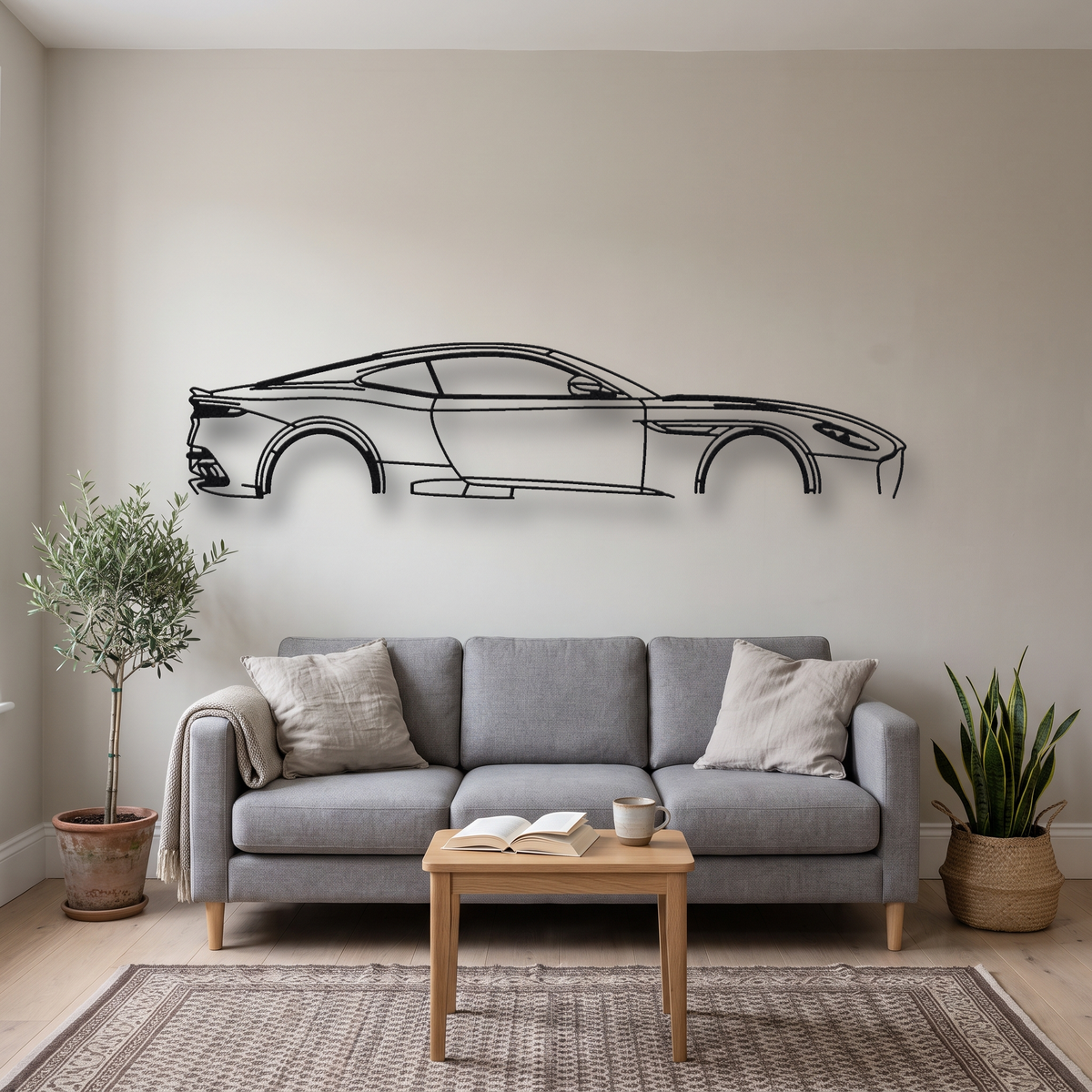 Aston Martin DBS Superleggera Coupe metal wall art silhouette, front view on wall