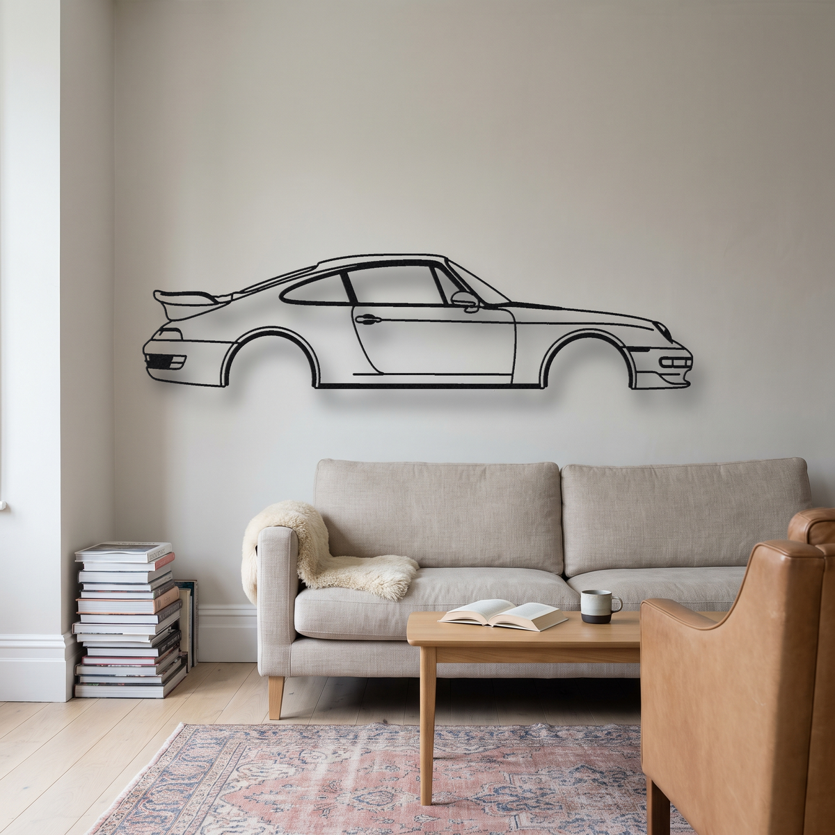 Porsche 911 Turbo 993 metal wall art silhouette, front view on wall