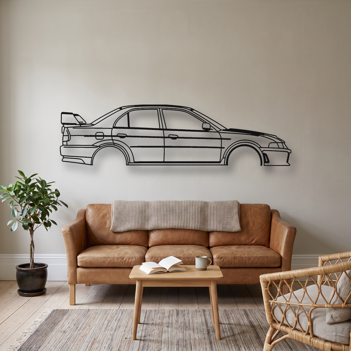 Mitsubishi Lancer Evolution VI CP9A Tommi Makinen Edition metal wall art silhouette, front view on wall