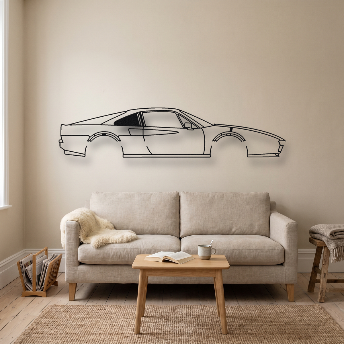 Ferrari 328 GTB metal wall art silhouette, front view on wall