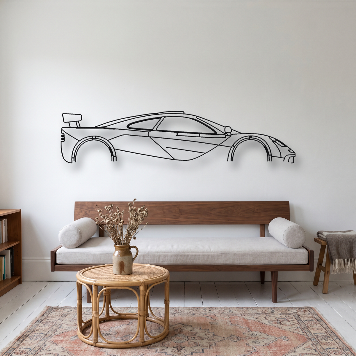 McLaren F1 GTR metal wall art silhouette, front view on wall