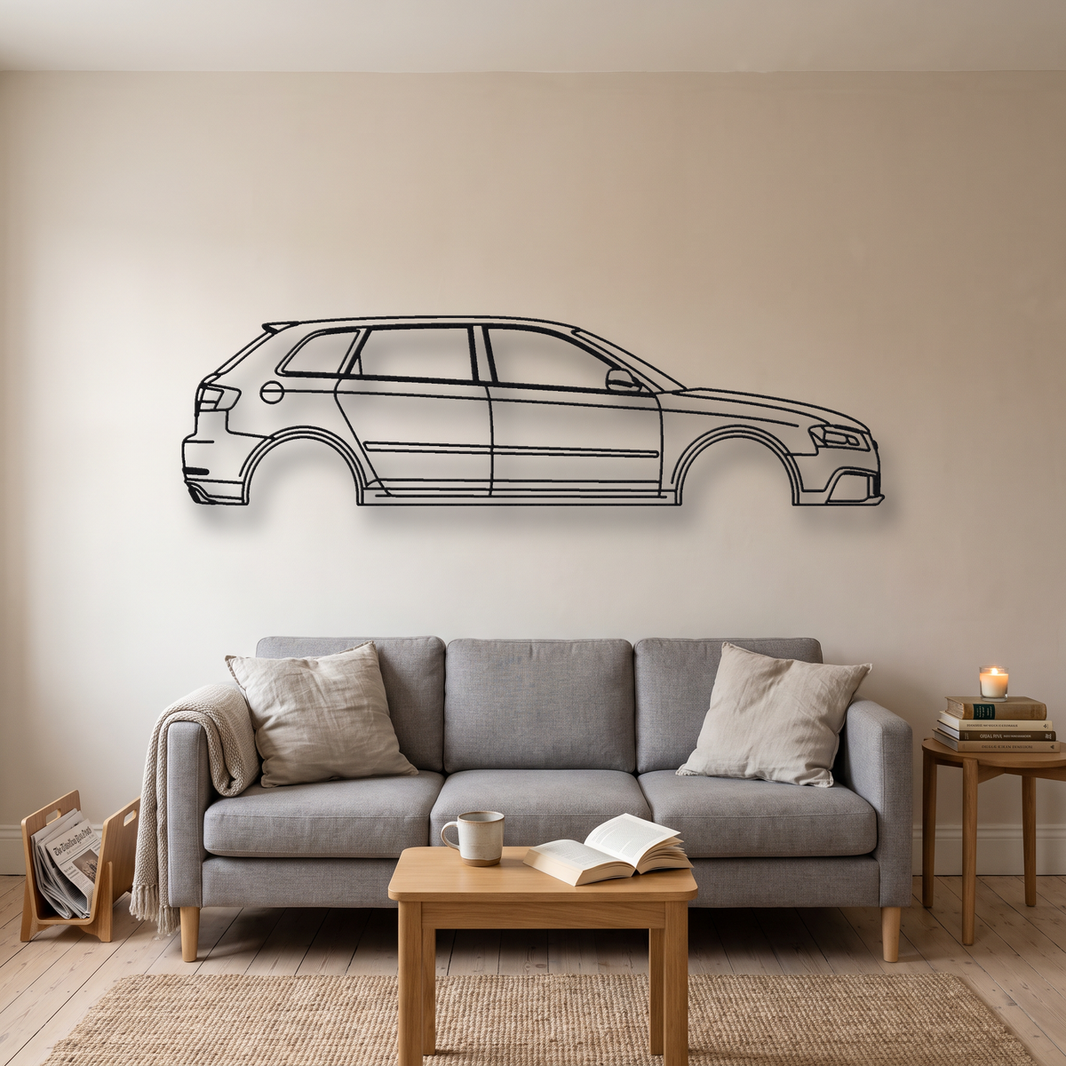Audi RS3 Sportback 8P metal wall art silhouette, front view on wall