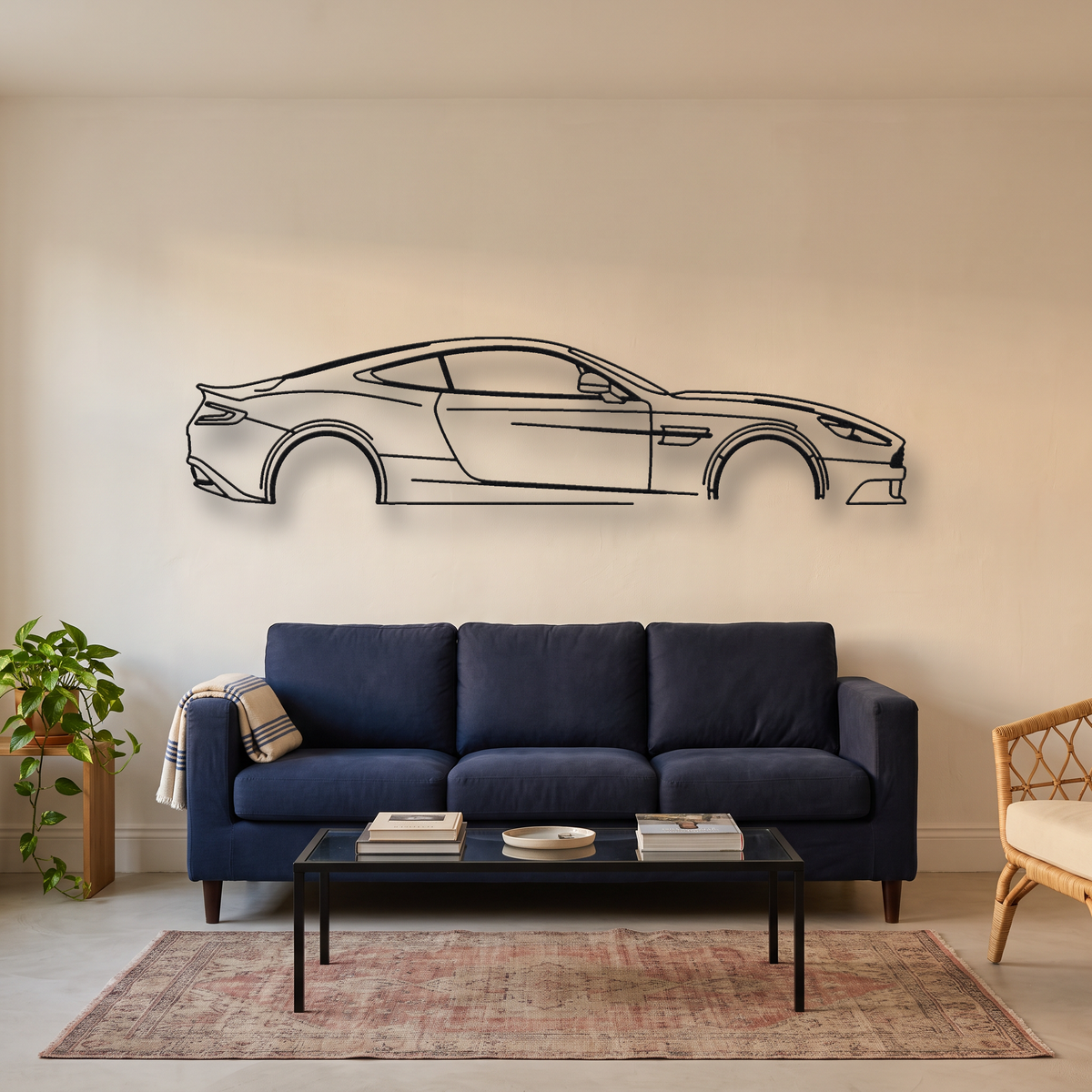 Aston Martin Vanquish Gen 2 metal wall art silhouette, front view on wall