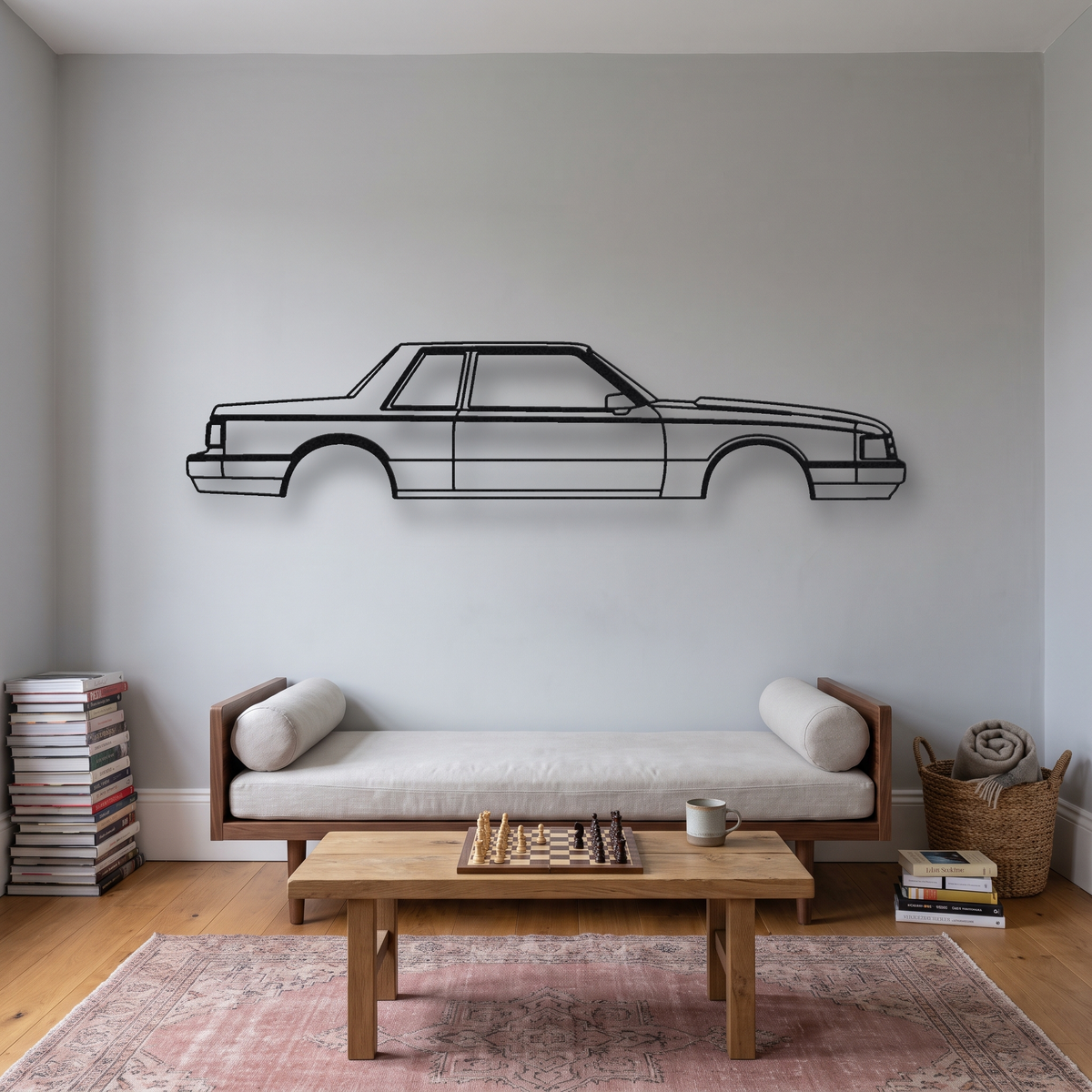 Ford Mustang LX 5.0 (Fox body) Notchback metal wall art silhouette, front view on wall