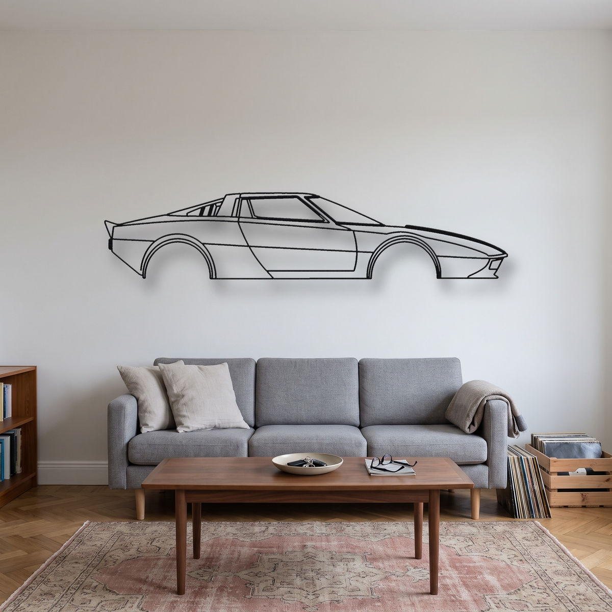 Lancia Stratos HF Stradale metal wall art silhouette, front view on wall