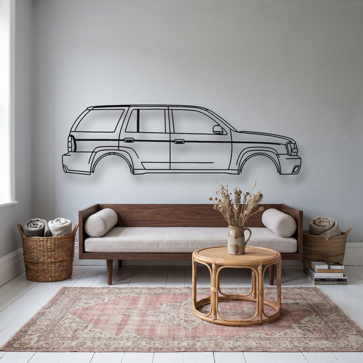 Chevrolet TrailBlazer SS metal wall art silhouette, front view on wall