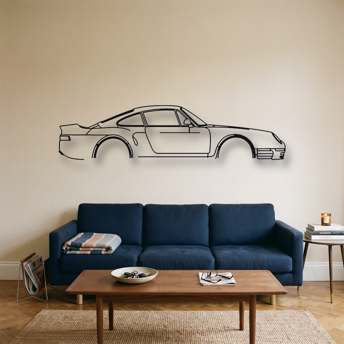 Porsche 959 metal wall art silhouette, front view on wall