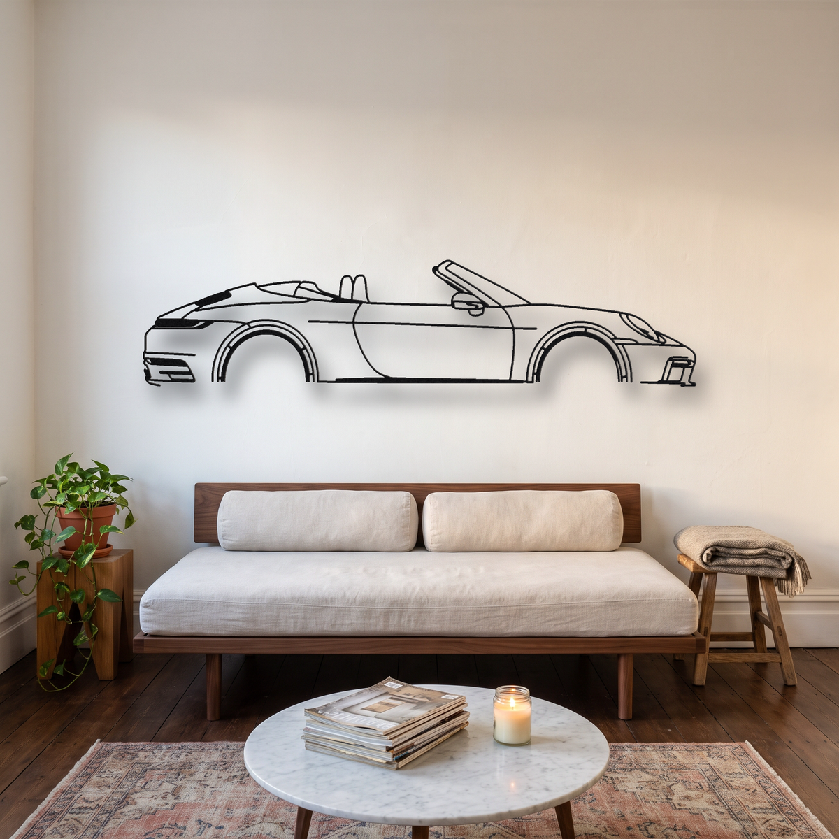 Porsche 911 Carrera S Cabriolet 992 metal wall art silhouette, front view on wall