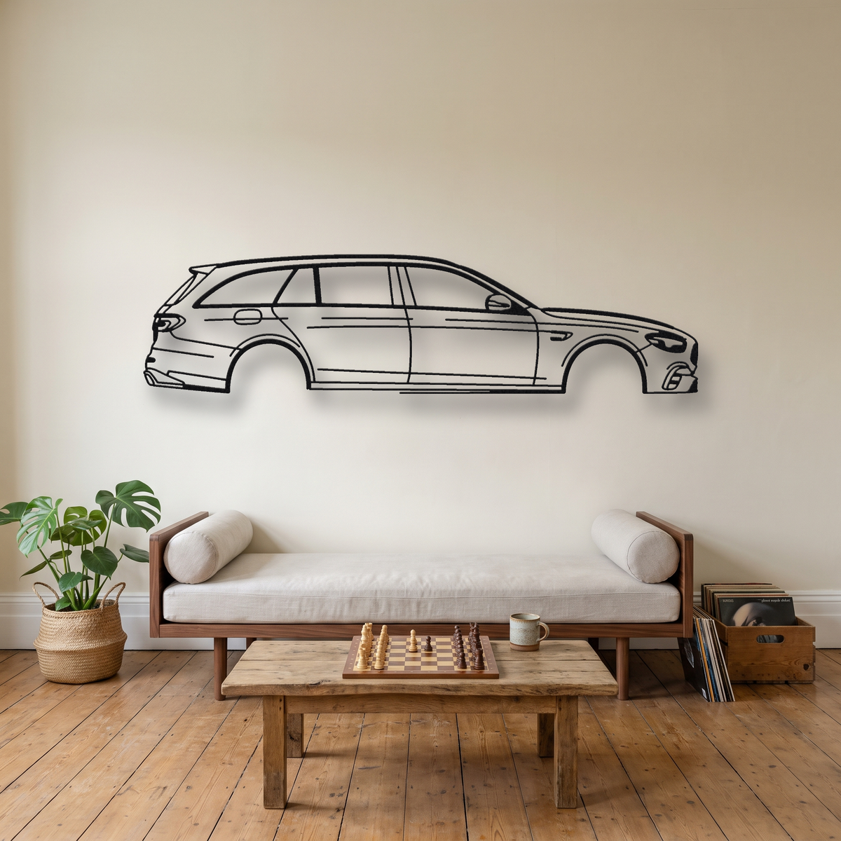 Mercedes-AMG E63 S Estate S213 Facelift metal wall art silhouette, front view on wall