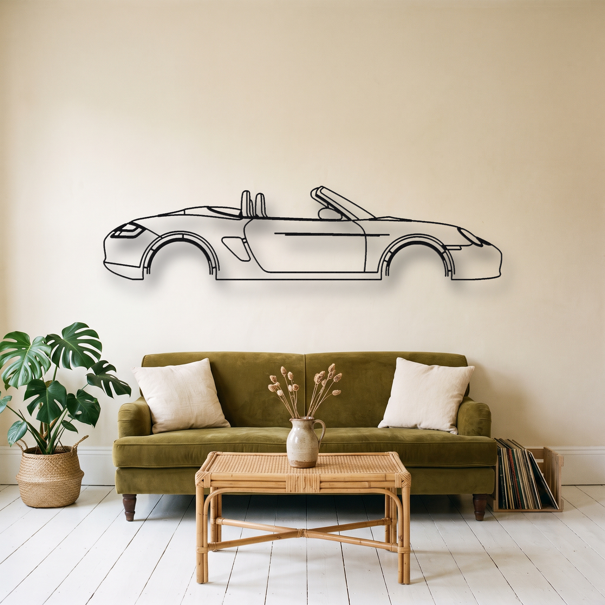 Porsche Boxster 987.1 metal wall art silhouette, front view on wall