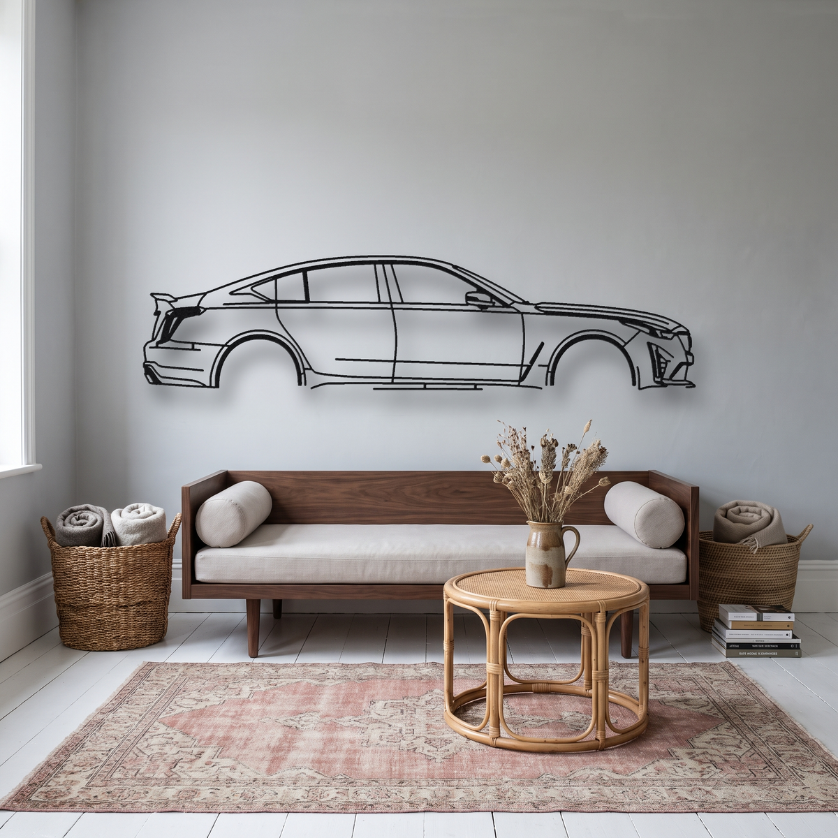Cadillac CT5-V Blackwing metal wall art silhouette, front view on wall