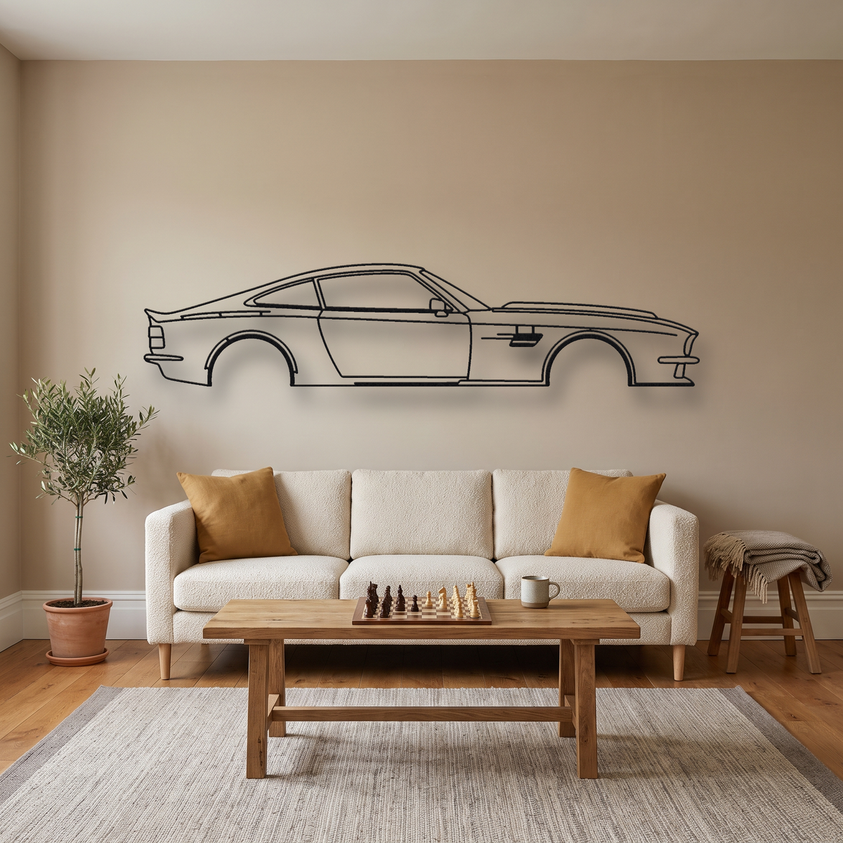 Aston Martin Victor metal wall art silhouette, front view on wall