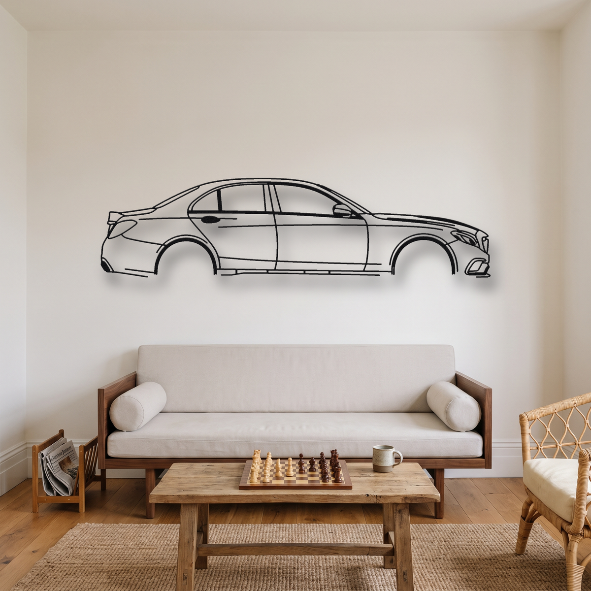Mercedes-AMG C63 S W205 metal wall art silhouette, front view on wall