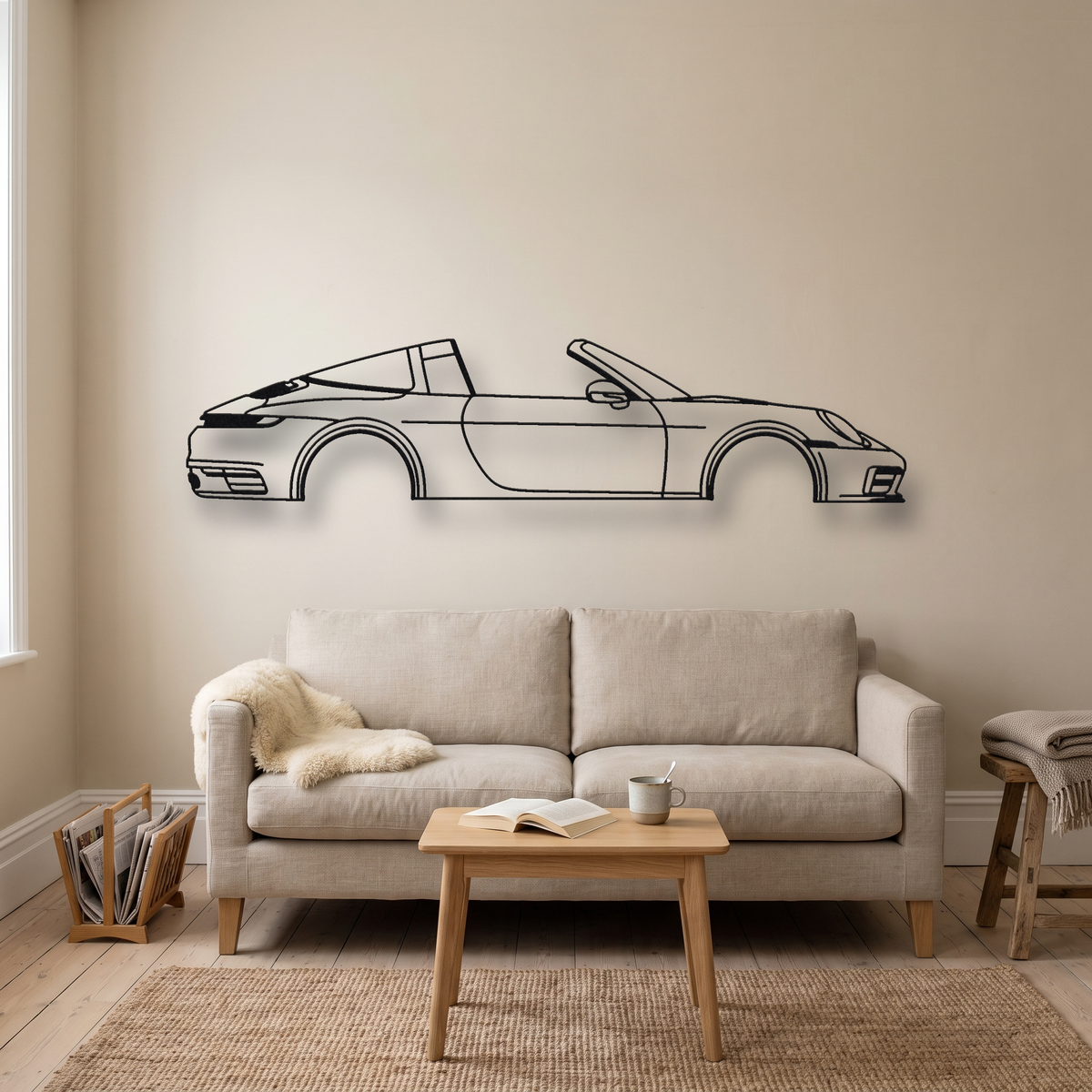 Porsche 911 Targa 4S 992 metal wall art silhouette, front view on wall
