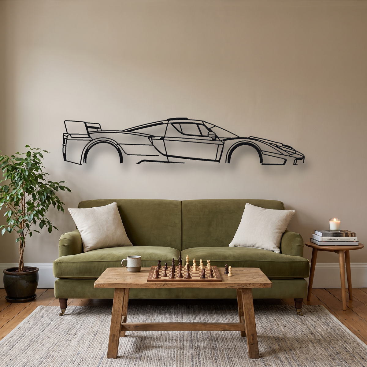 Ferrari FXX Evoluzione metal wall art silhouette, front view on wall