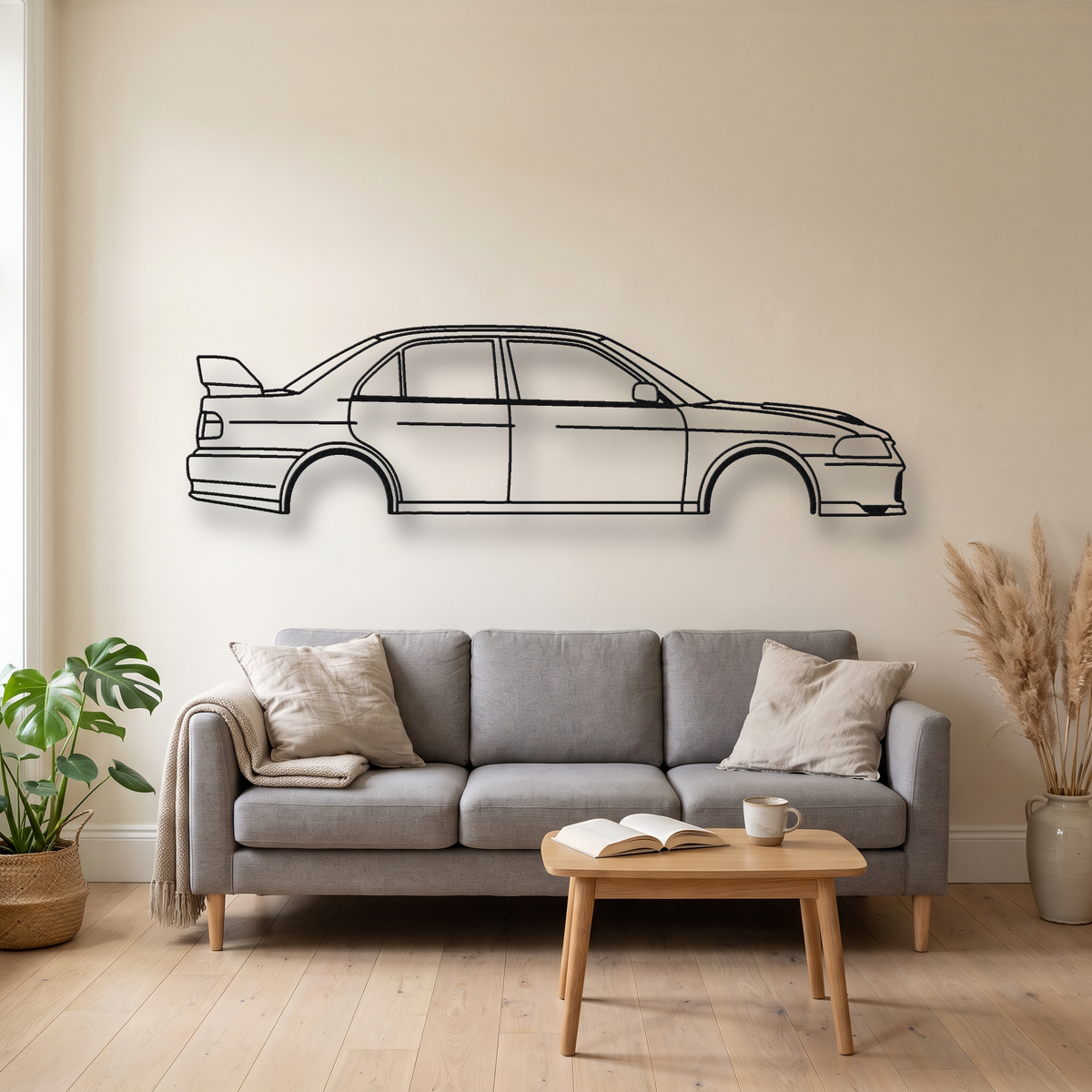 Mitsubishi Lancer Evolution I CD9A metal wall art silhouette, front view on wall