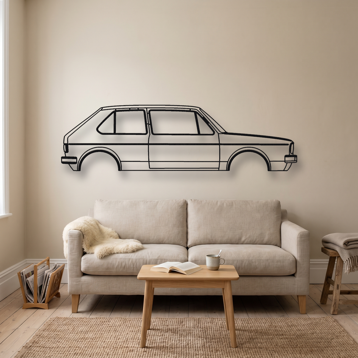 Volkswagen Golf GTI MK1 metal wall art silhouette, front view on wall