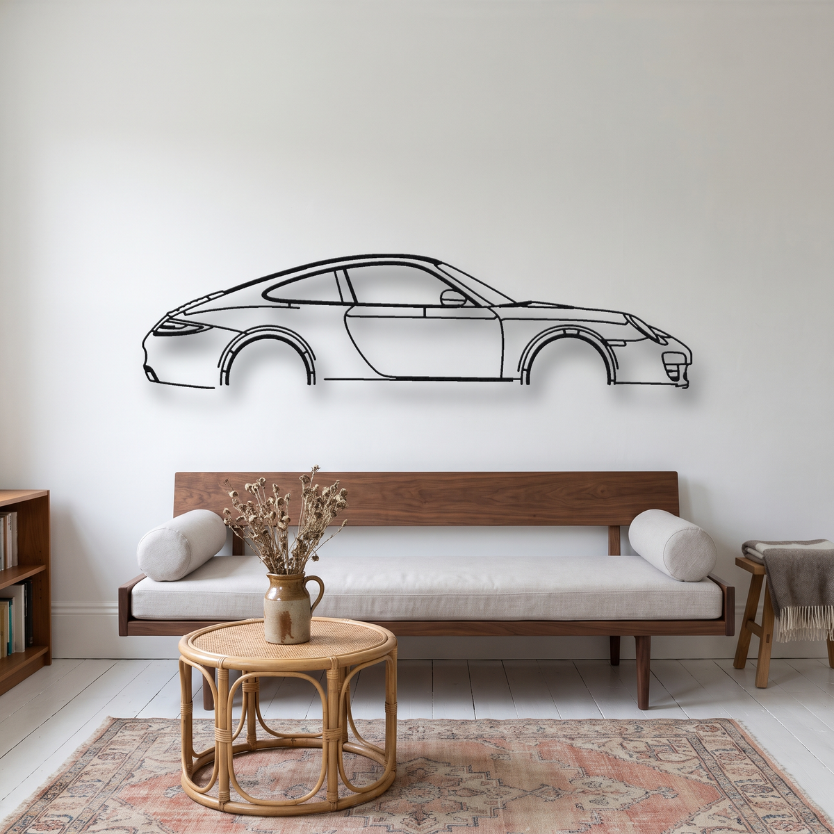 Porsche 911 Carrera 997.2 metal wall art silhouette, front view on wall