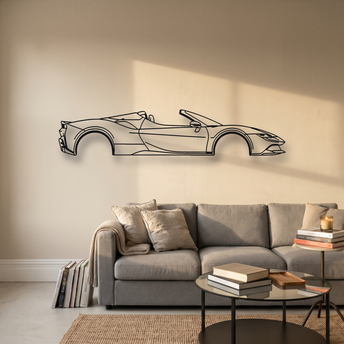 Ferrari SF90 Spider metal wall art silhouette, front view on wall