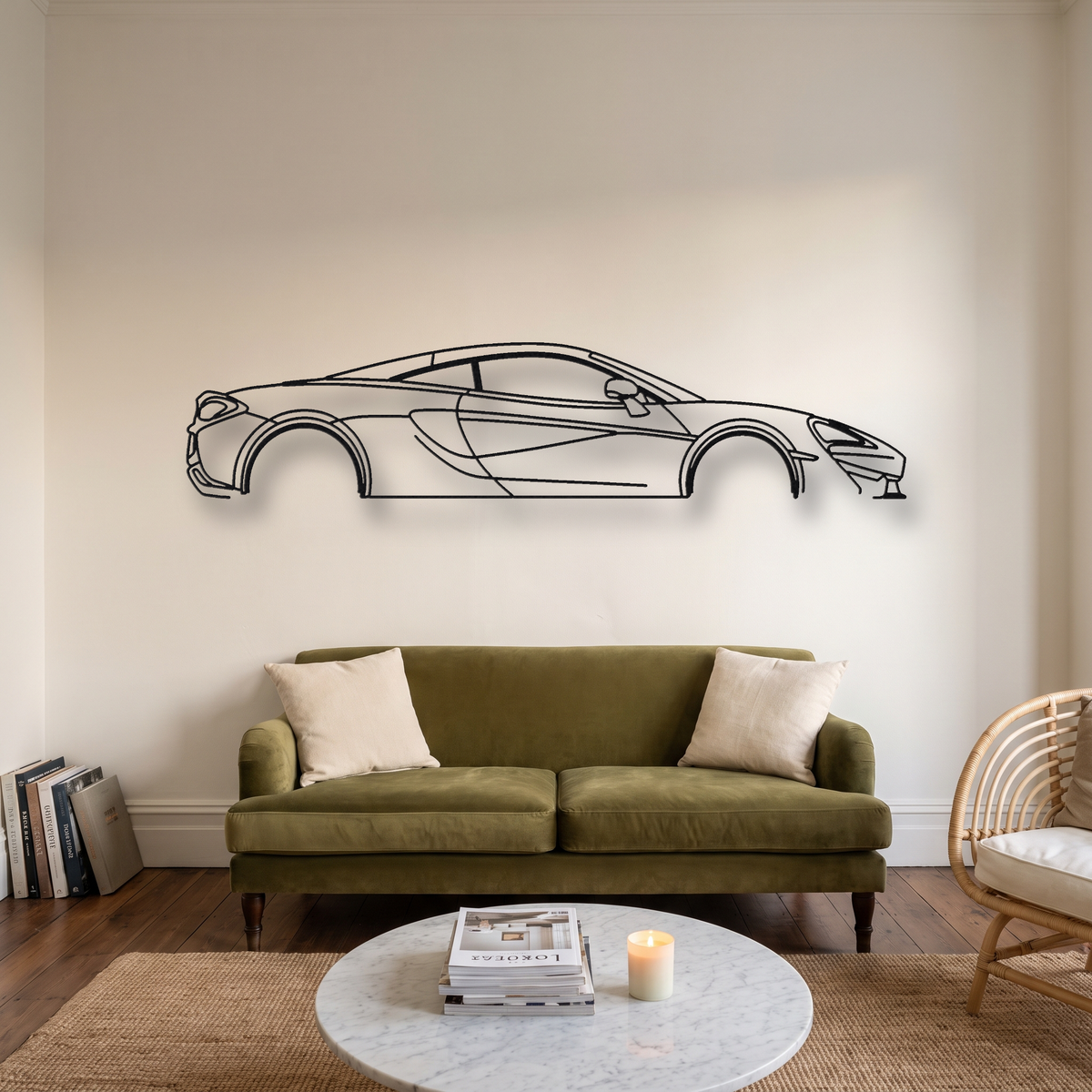 McLaren 540C metal wall art silhouette, front view on wall