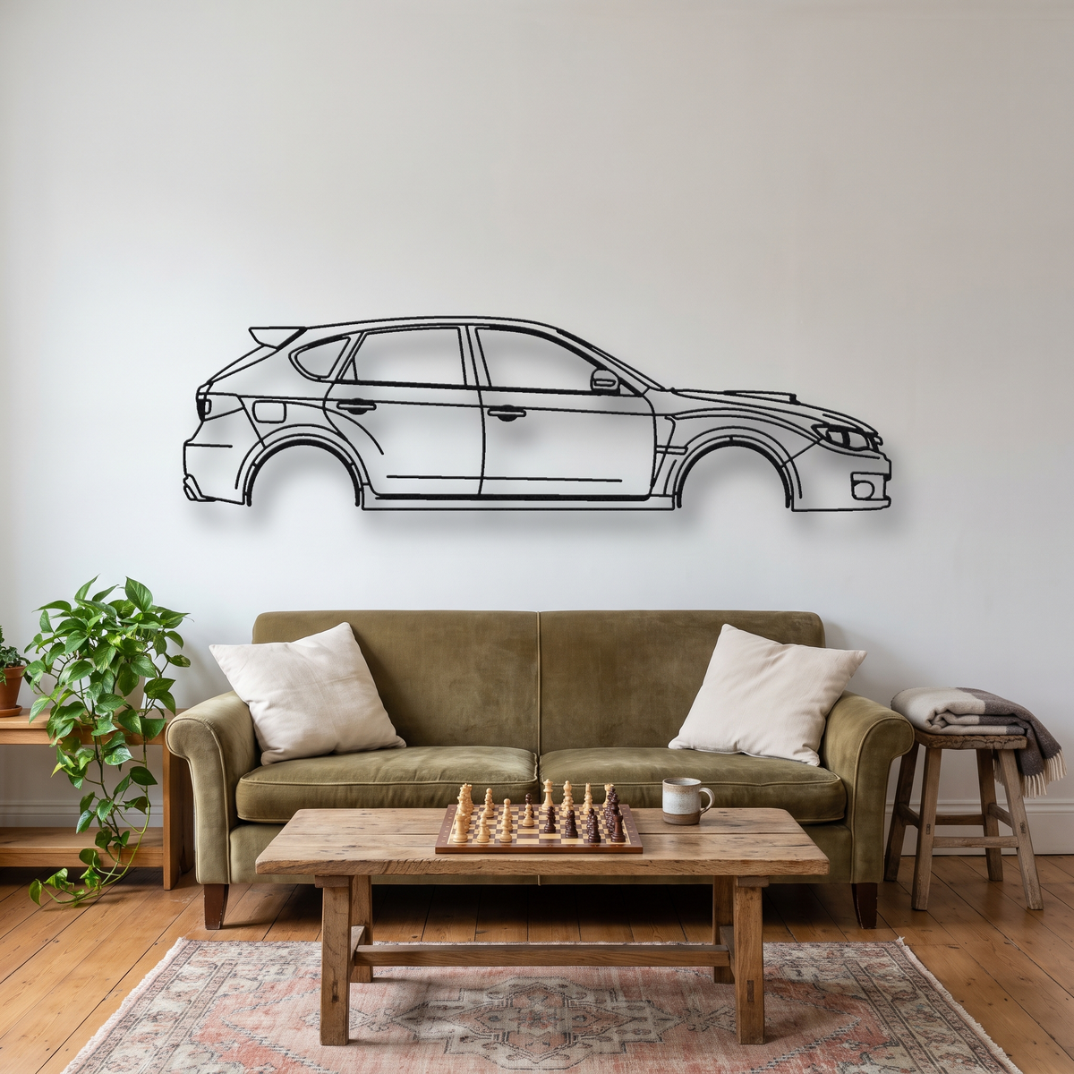 2008-2014 Subaru Impreza WRX STI GRB metal wall art silhouette, front view on wall