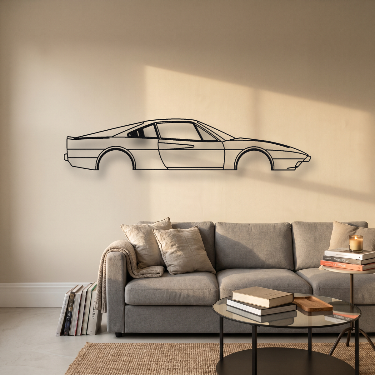 Ferrari 308 GTB metal wall art silhouette, front view on wall