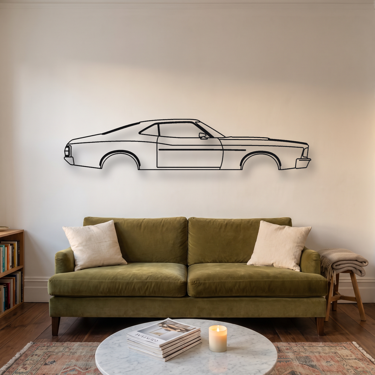 Ford Gran Torino metal wall art silhouette, front view on wall