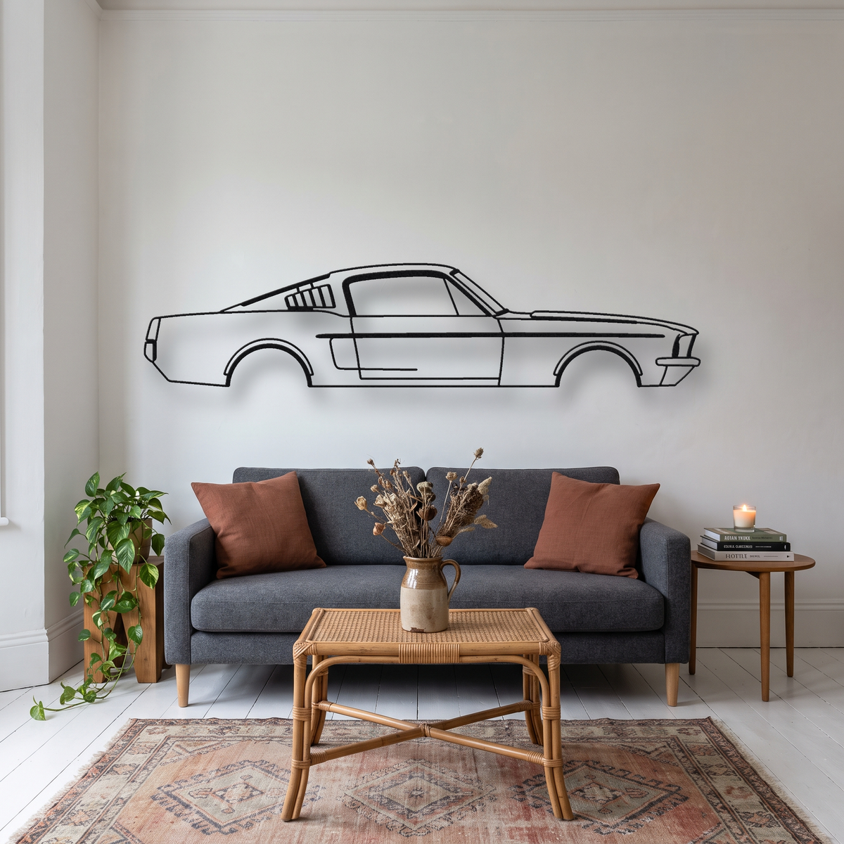 1967-1970 Ford Mustang Fastback metal wall art silhouette, front view on wall