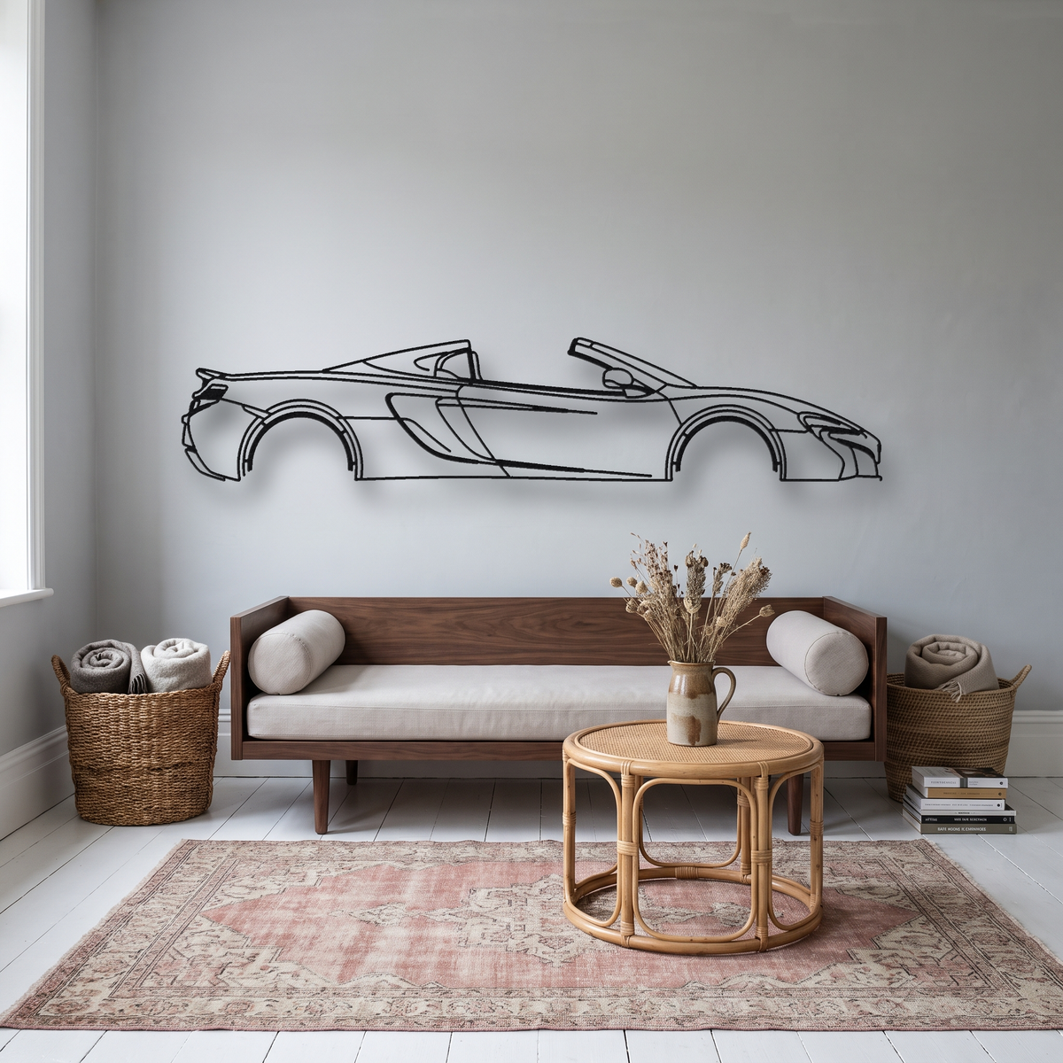 McLaren 650S Spider metal wall art silhouette, front view on wall