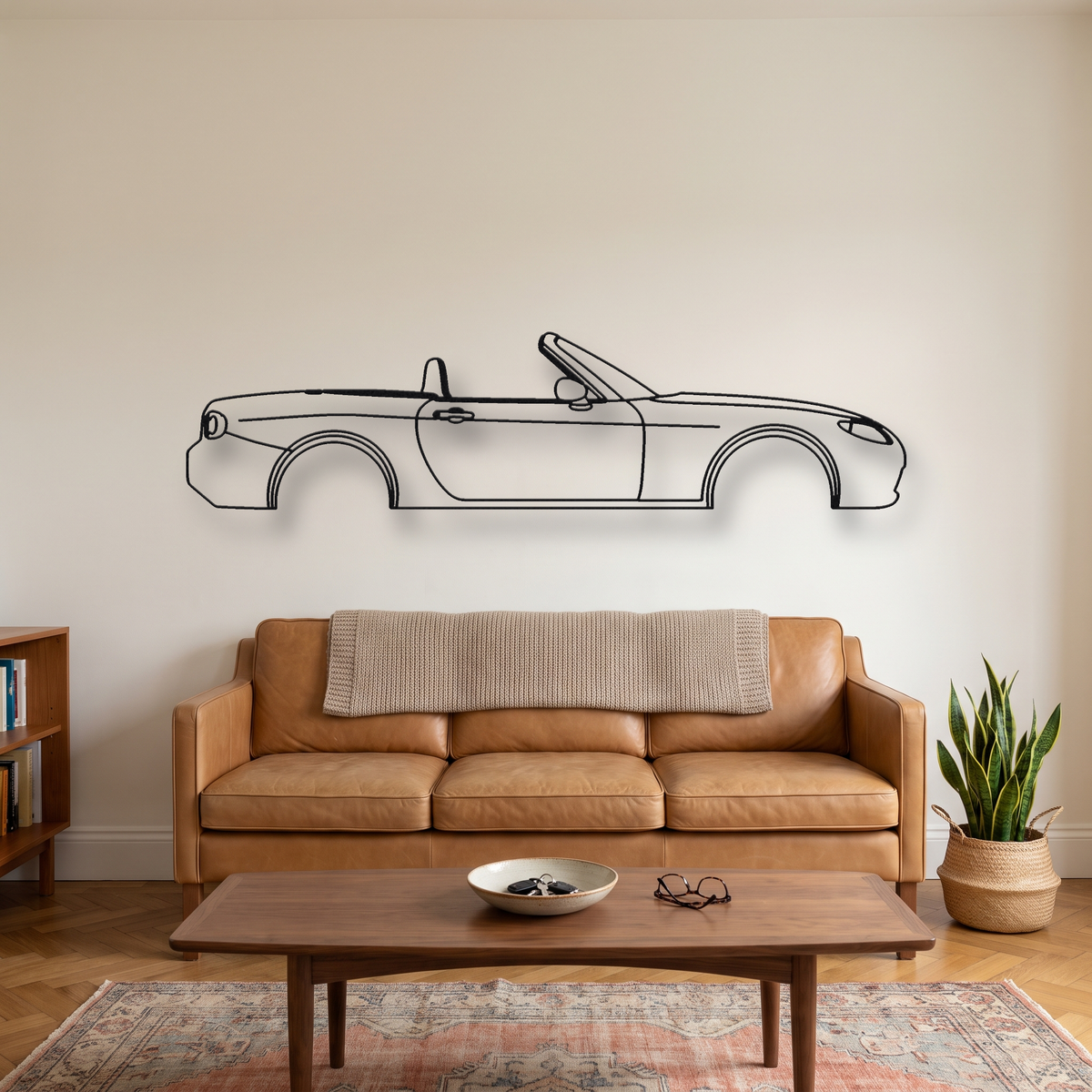Mazda MX-5 Miata NC metal wall art silhouette, front view on wall