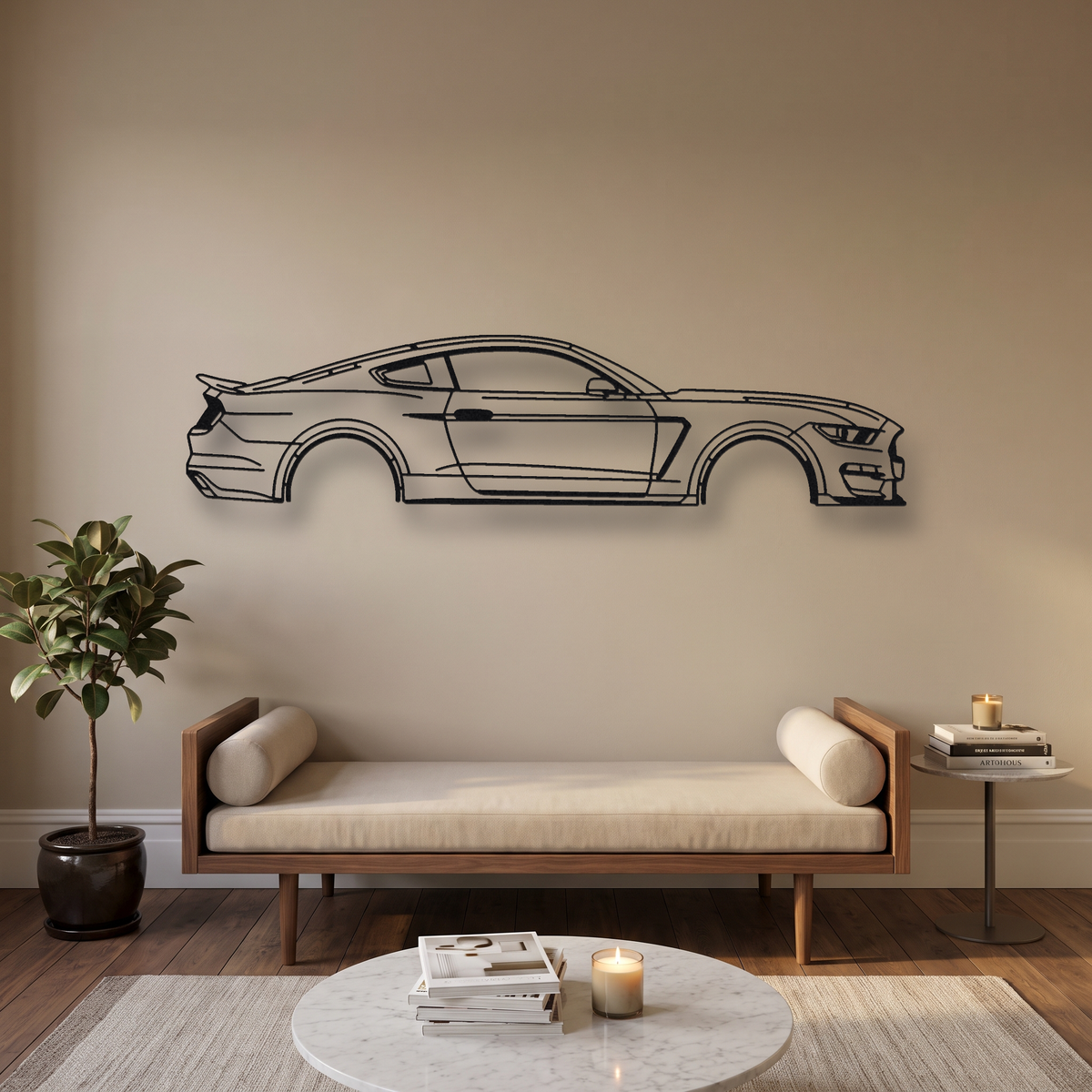 Ford Mustang Shelby GT350 S550 metal wall art silhouette, front view on wall