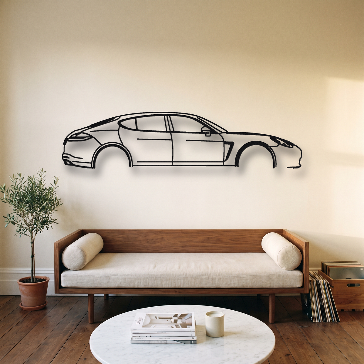 2010-16 Porsche Panamera Turbo 970 metal wall art silhouette, front view on wall