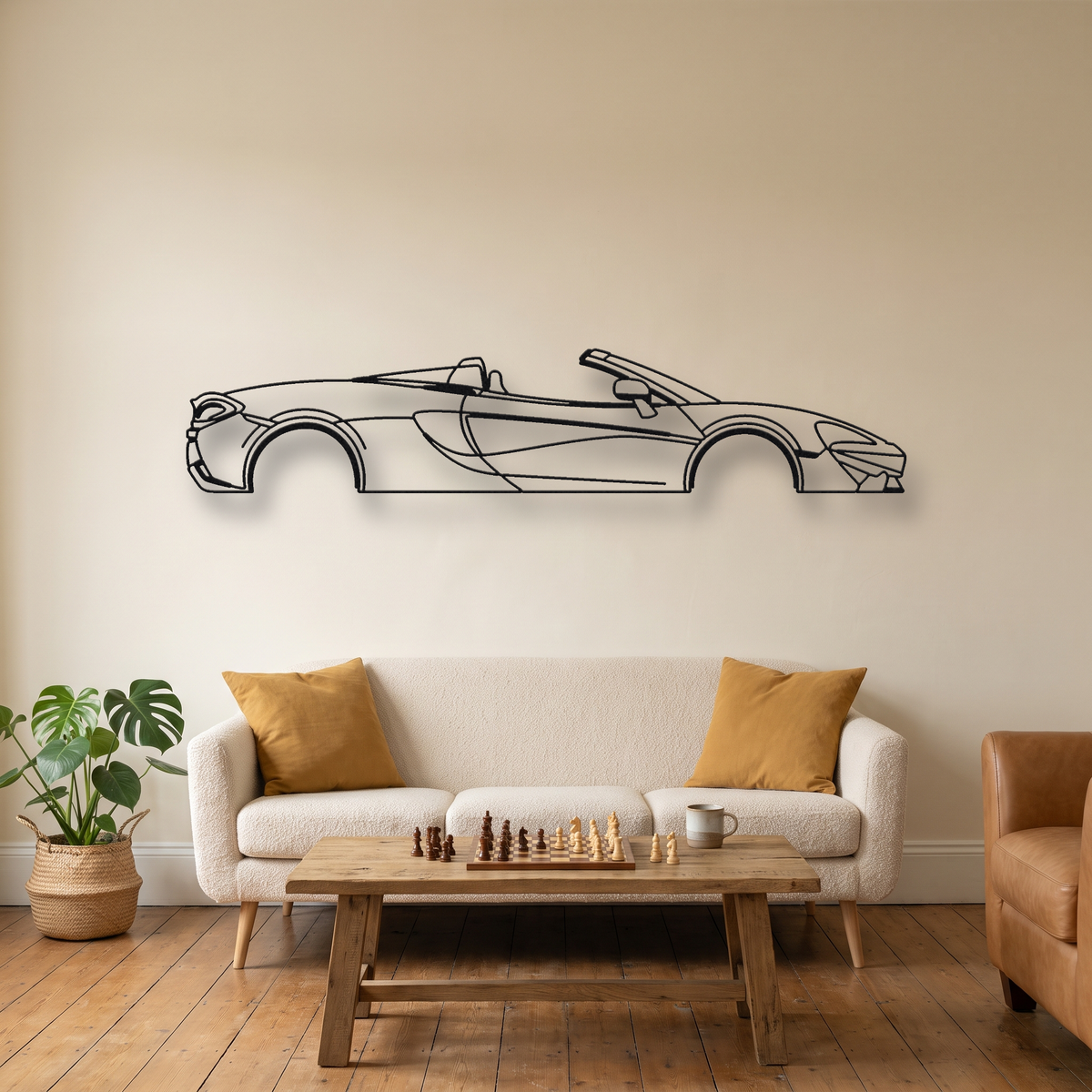 McLaren 570S Spider metal wall art silhouette, front view on wall