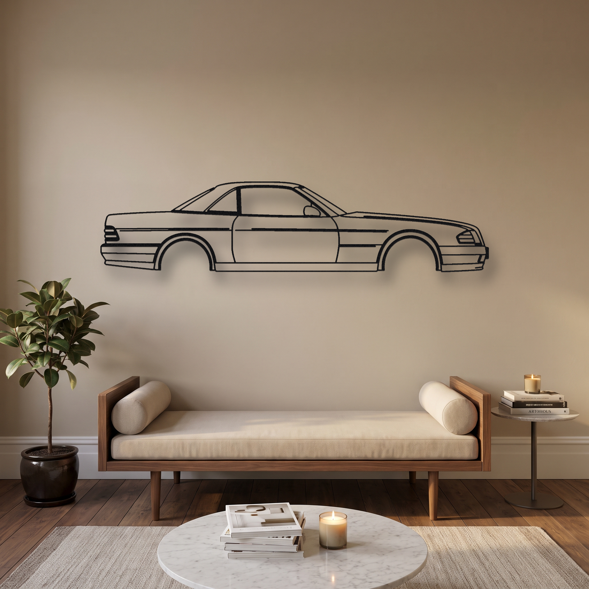 Mercedes-Benz SL R129 metal wall art silhouette, front view on wall