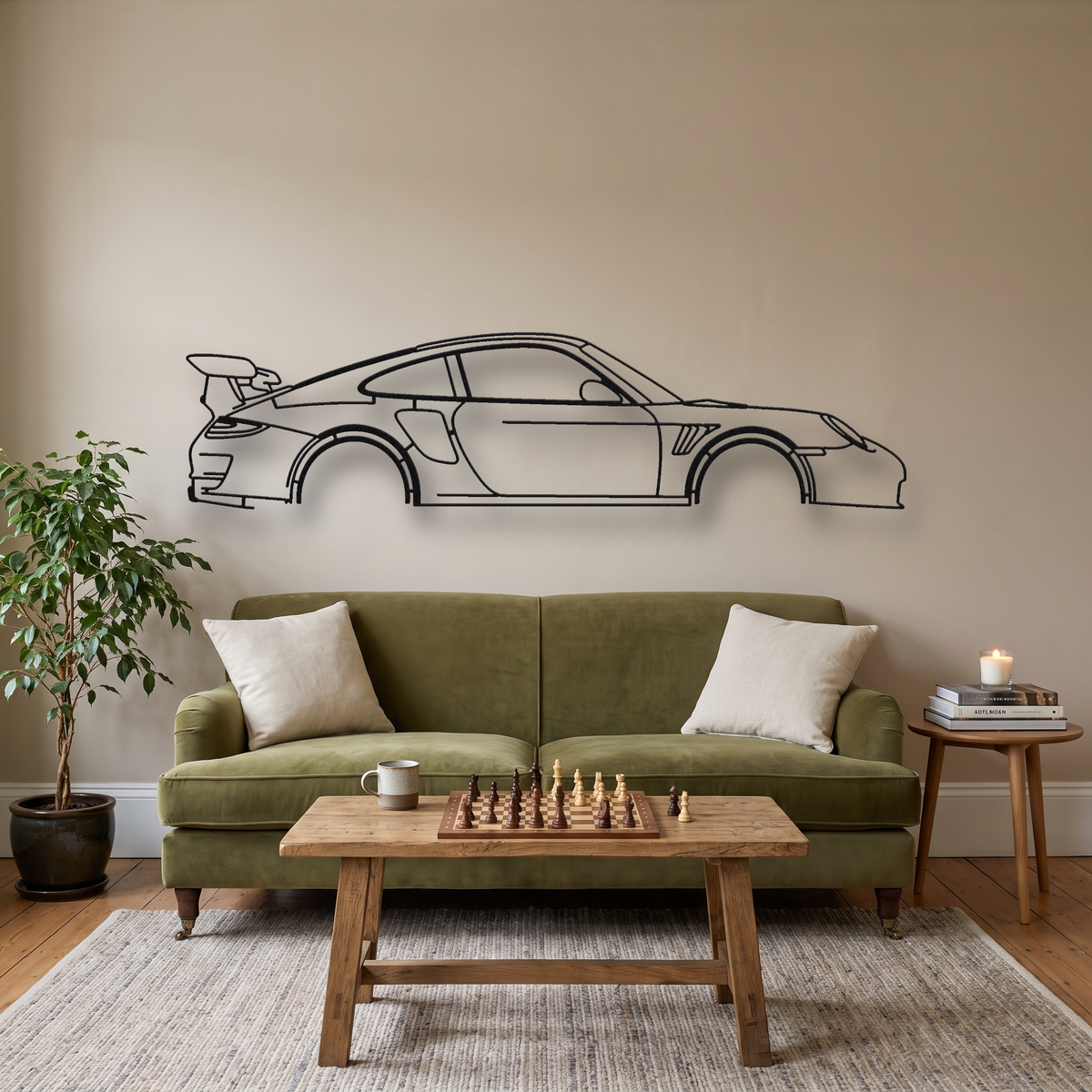 Porsche 911 GT3 RS 997.2 metal wall art silhouette, front view on wall