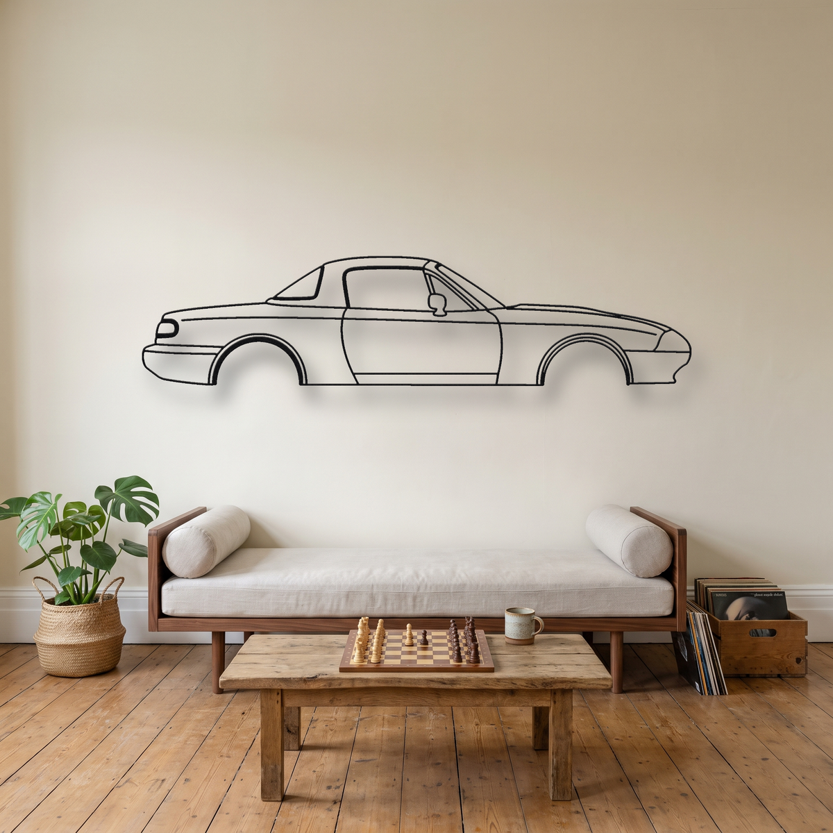 Mazda MX-5 Miata NA metal wall art silhouette, front view on wall