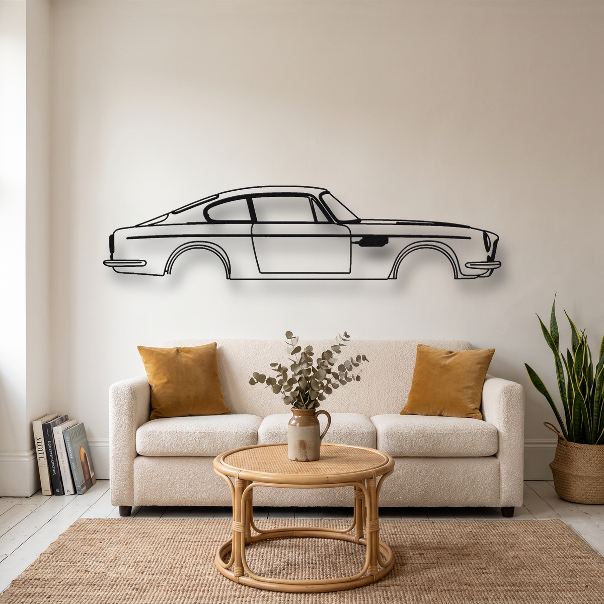Aston Martin DB6 metal wall art silhouette, front view on wall