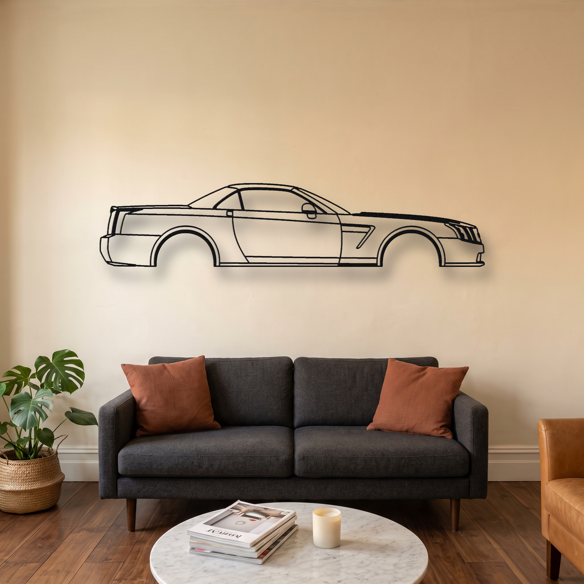 Cadillac XLR-V metal wall art silhouette, front view on wall