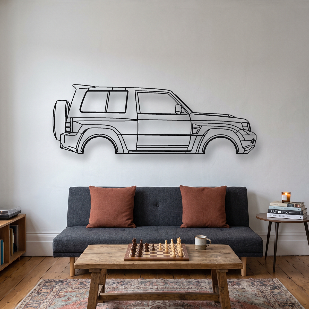 Mitsubishi Pajero Evolution metal wall art silhouette, front view on wall