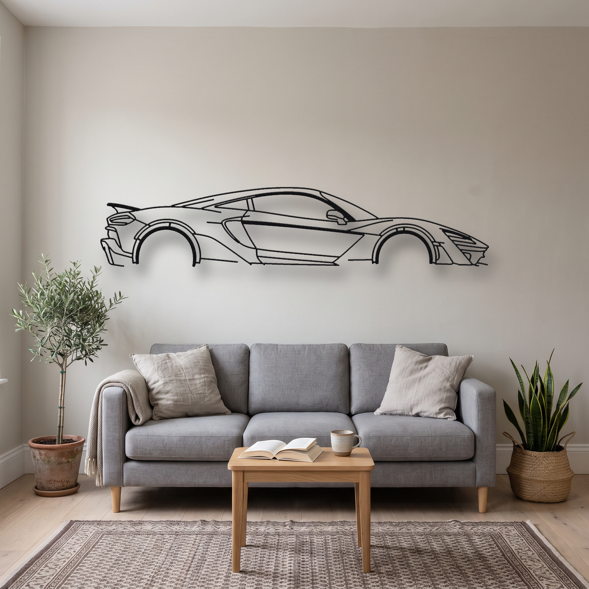 McLaren W1 metal wall art silhouette, front view on wall