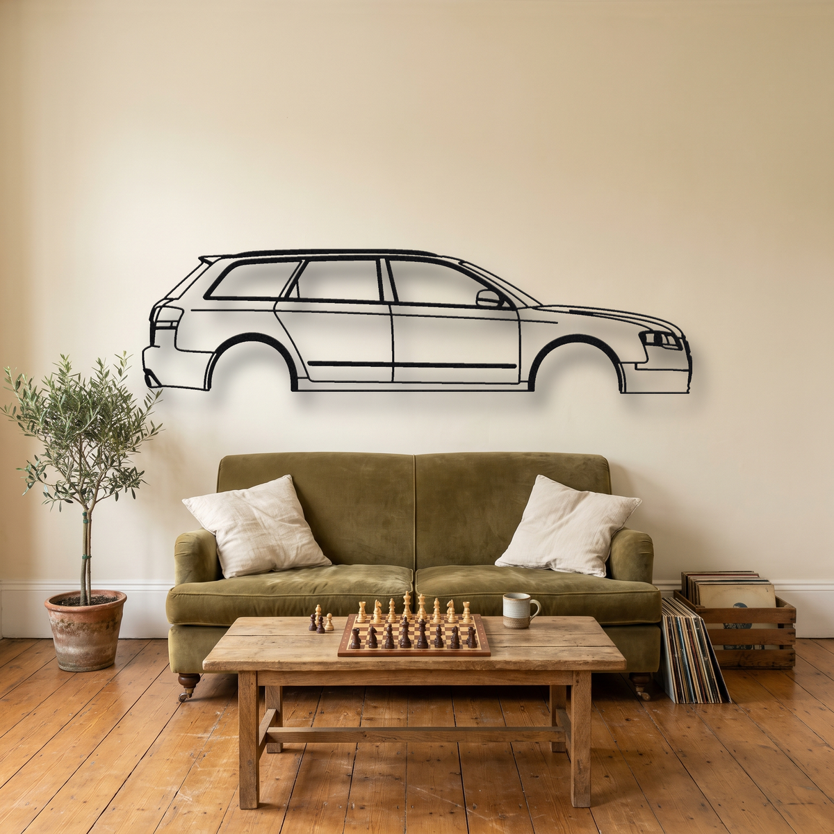 Audi RS4 B7 metal wall art silhouette, front view on wall